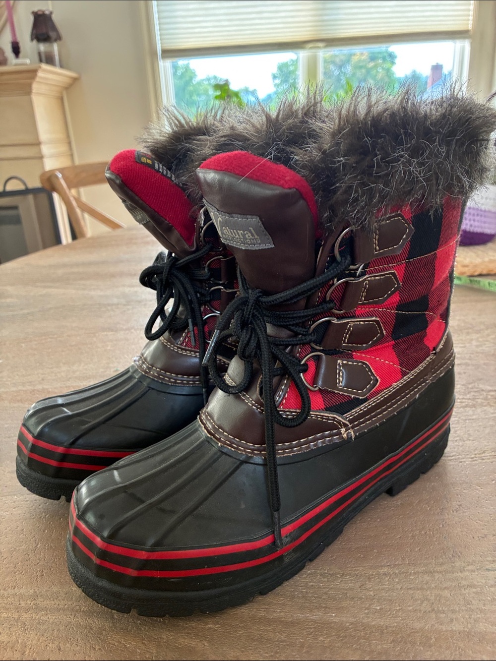 Natural Reflections Red and Black Buffalo Plaid Faux Fur Winter Rain Boots